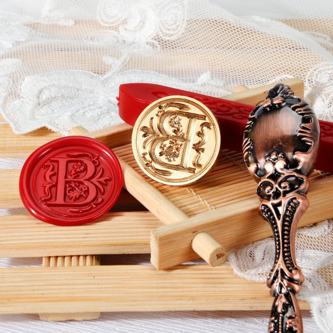 Wax Seal Stamp kit, Envelope Seals DIY Kit - Retro Sealing Wax Candle + Classic Initial Alphabet Seal Stamp Letter B - in Blue Gift Box