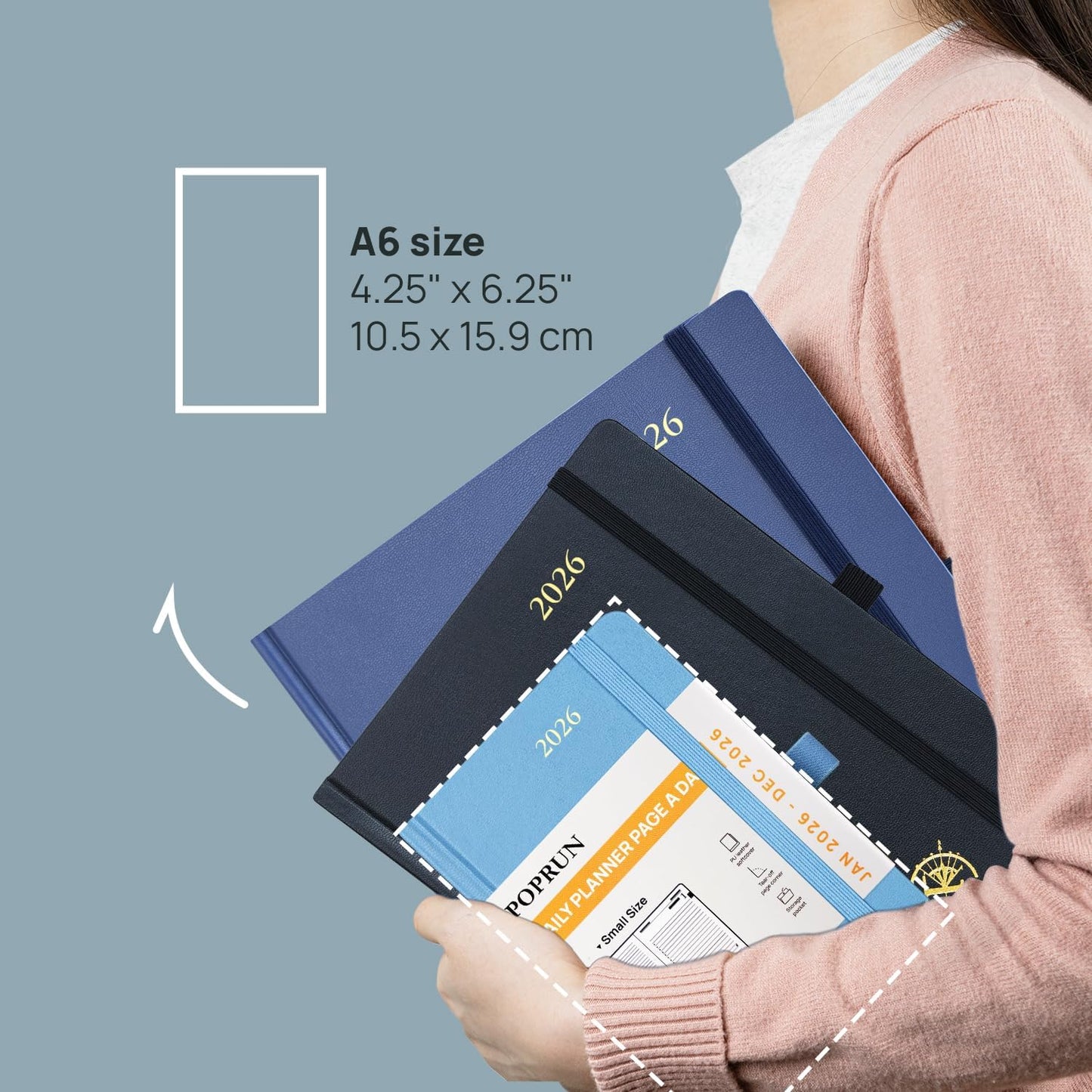 POPRUN 2026 Daily Planner One Page Per Day A6 Size Calendar (4.25" x 6.25") - 12 Months Hourly Appointment Book with Hardcover, Monthly Tabs, Pocket, Pen Holder - Light Yellow