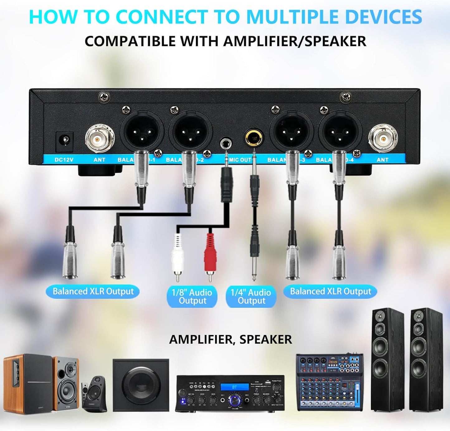 Pro Wireless Microphone System 4 Channel, UHF Metal Cordless Handheld Mics for Church Karaoke Singing, 4x50 Adjustable Frequency(G8 Battery 4 Handheld)