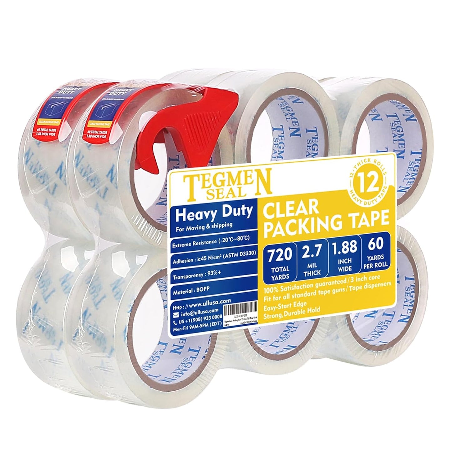 Heavy Duty Clear Packing Tape with Dispenser Combo for Shipping, Moving & Storage,Thicker Clear Packing Tape, 1.88 inches Wide, 60 Yards Per Roll, 12 Pack 720 Total Yards