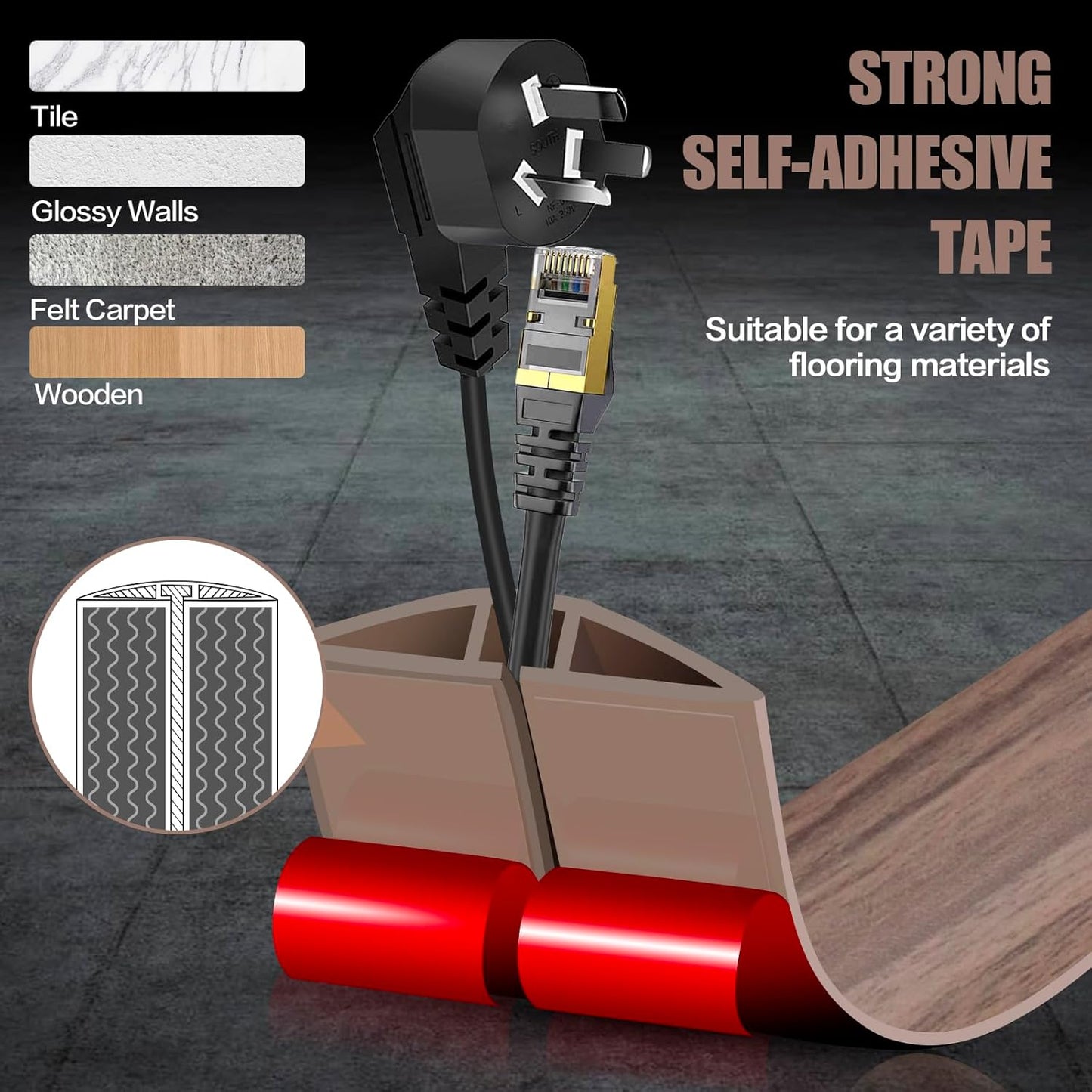 Floor Cord Cover Self Adhesive Cord Hider,3.3FT Cable Management, Extension Strip Protector for Wires, Prevent Cable Trips for Offices, Gyms, Exhibitions Cavity:0.3"(W) x 0.28"(H) Wood Walnut