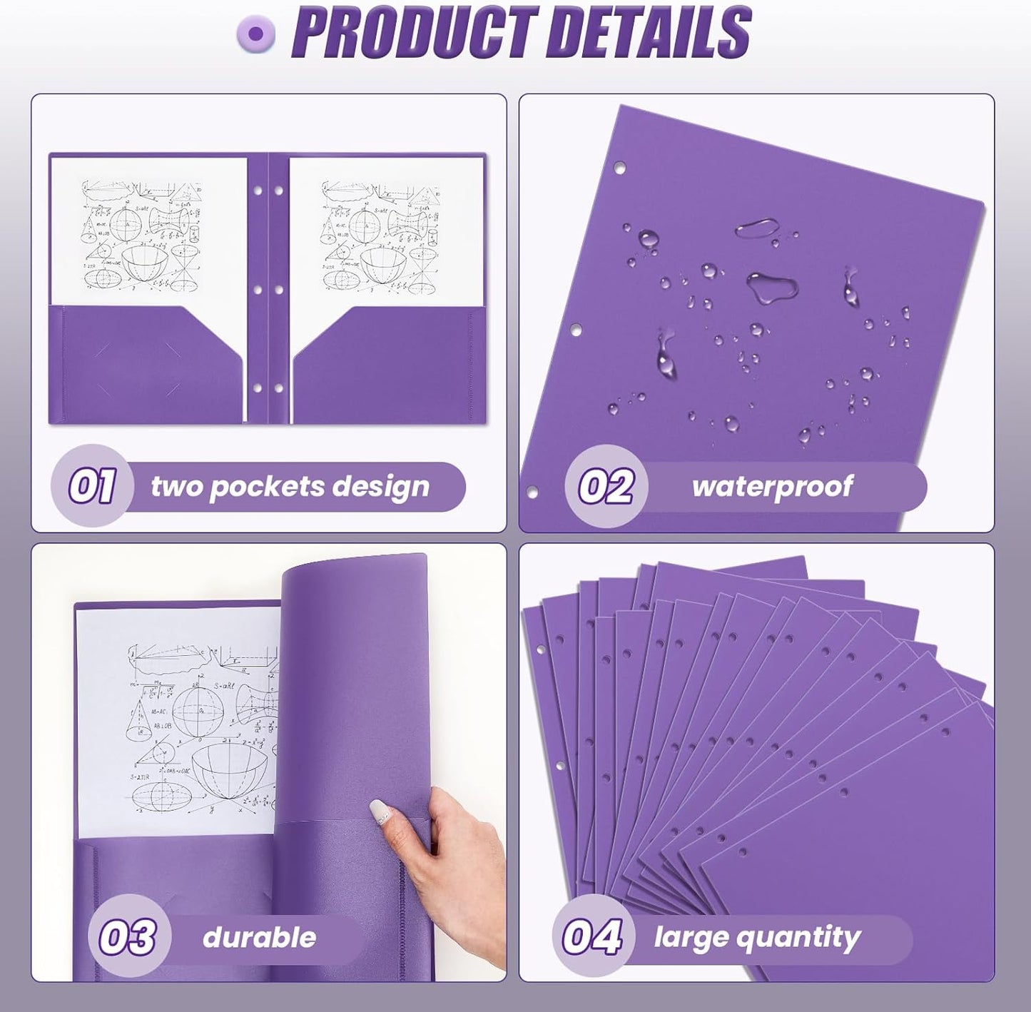 Yeaqee 50 Pcs Plastic Folders with Pockets Bulk 3 Hole Punched 2 Pocket File Folders for 3 Ring Binder Divider Folder for Notebooks, Durable Poly for Office Home (Purple)