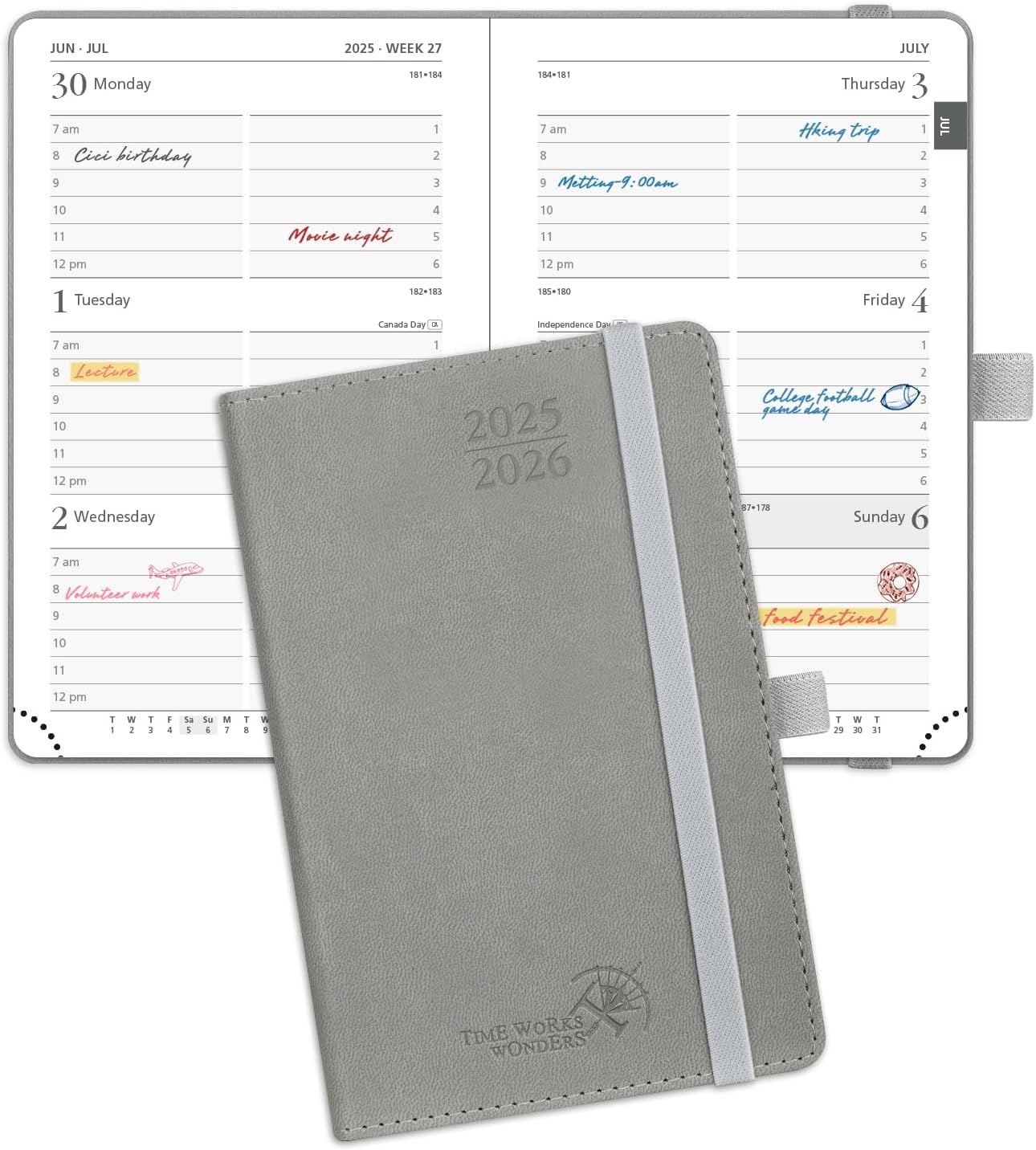 POPRUN Pocket Planner 2025-2026 (Purse Size 4'' x 6.25'') Academic Small Calendar (July 2025 - June 2026) with Hourly Time Slots, 100GSM Thick Papers, Leather Soft Cover - Grey