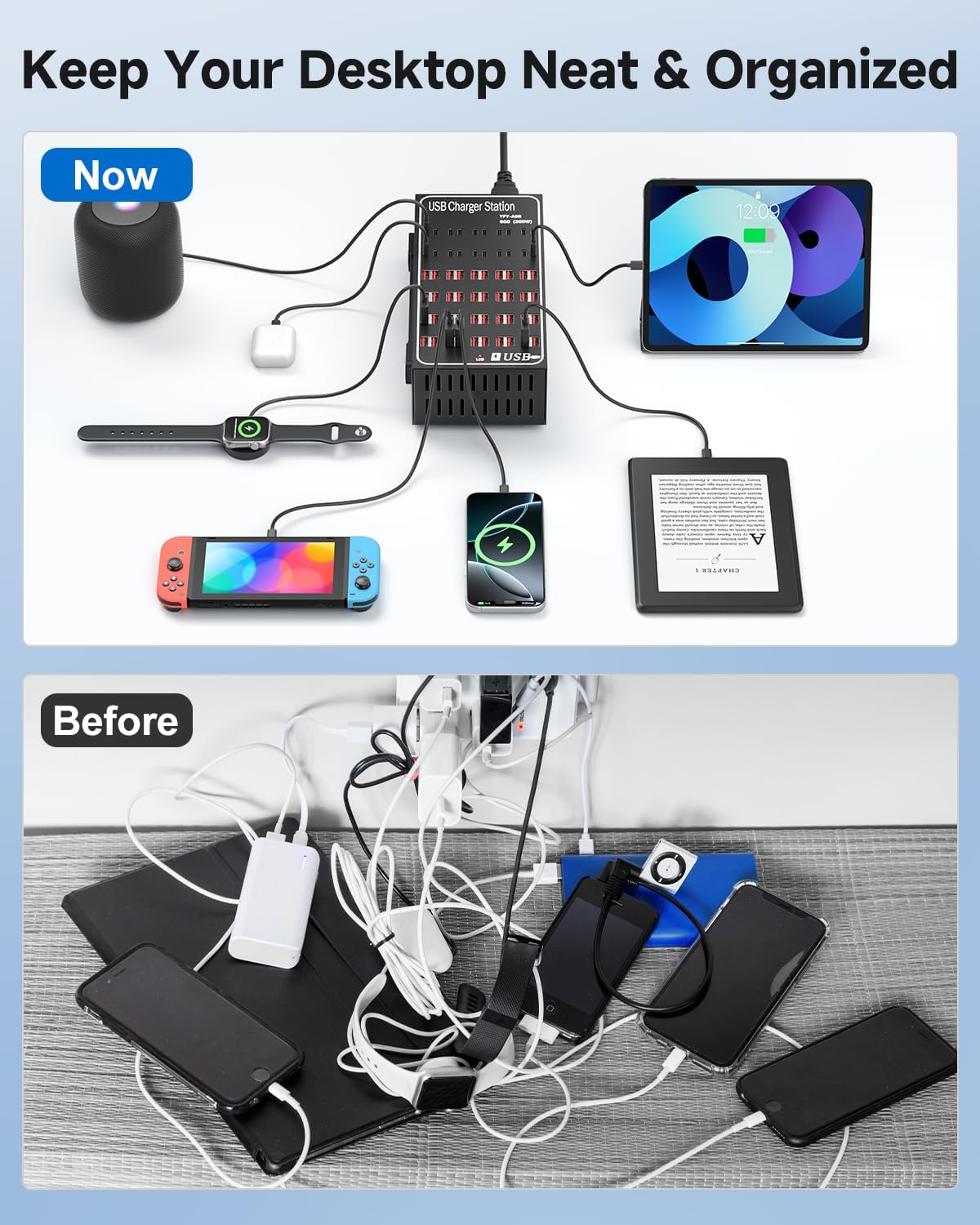 300W USB~c Charging Station, 60 Port (40 USB A & 20 USB~C Port) USB~C Charger Block, Fast Charging Station for Multiple Devices, Desktop USB Charger Compatible for iPhone, iPad, Tablets