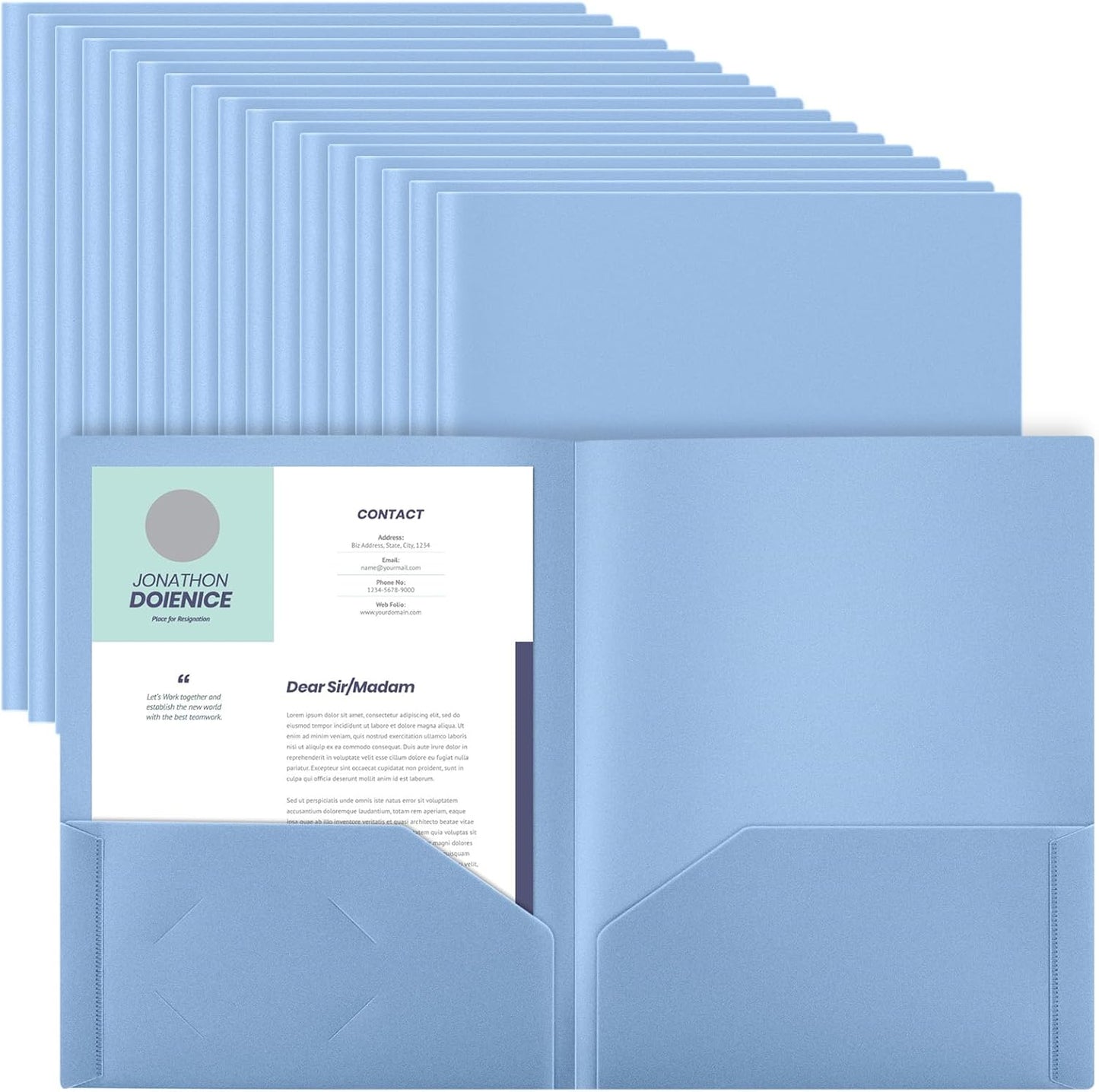 Gueevin 150 Pcs Plastic Folders with Pockets, Two Pocket Folder Fit 8.5 x 11 Inch Letter Size Paper, Heavy Duty School Folders Business Card Holder for Home Office School Bussiness (Haze Blue)