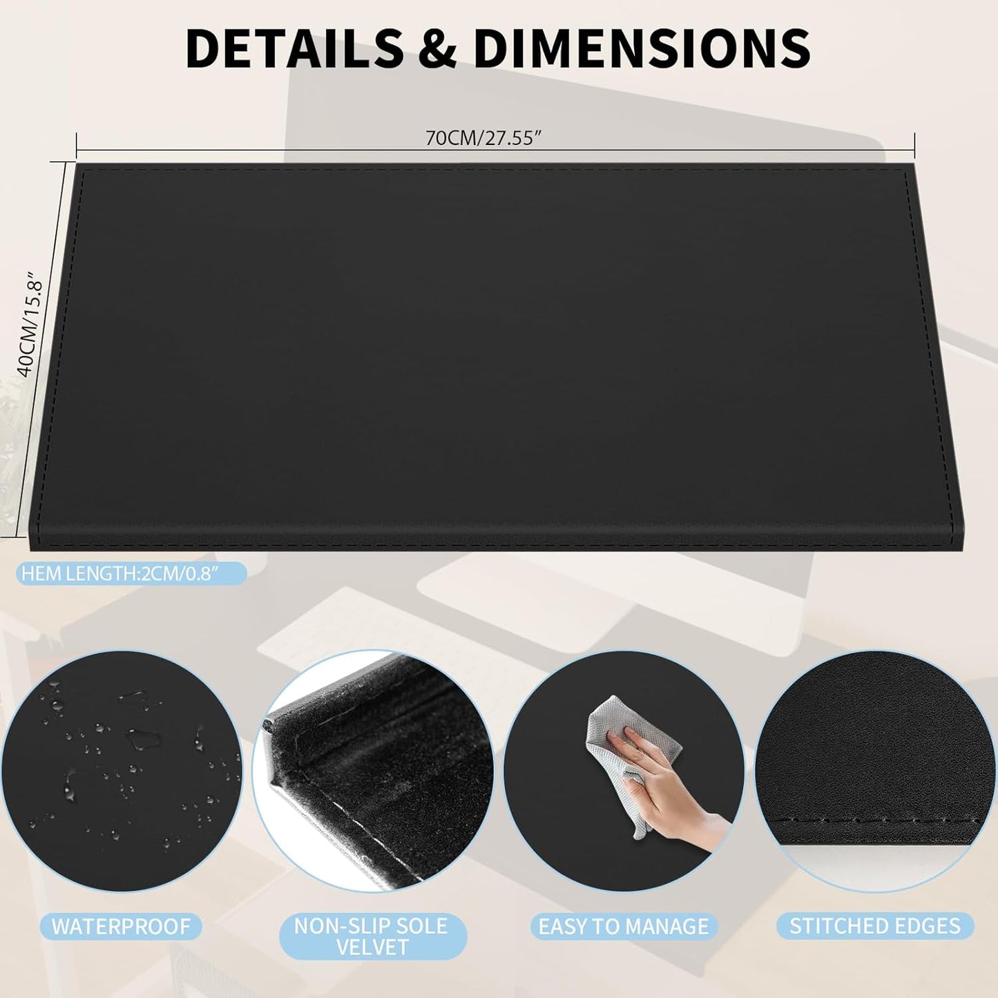 AKOZLIN 27.55”x 15.8" Soft PU Leather Surface Office Desk Mouse Mat Anti-Push Pad with Full Grip Fixation Lip Table Blotter Edge-Locked Protector