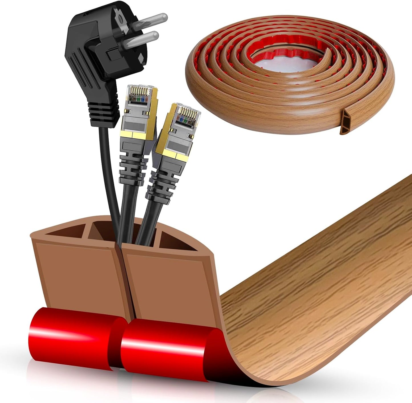 Floor Cord Cover Self Adhesive Cord Hider,20FT Cable Management, Extension Strip Protector for Wires, Prevent Cable Trips for Offices, Gyms, Exhibitions Cavity:0.51"(W) x 0.3"(H) Brown Wood