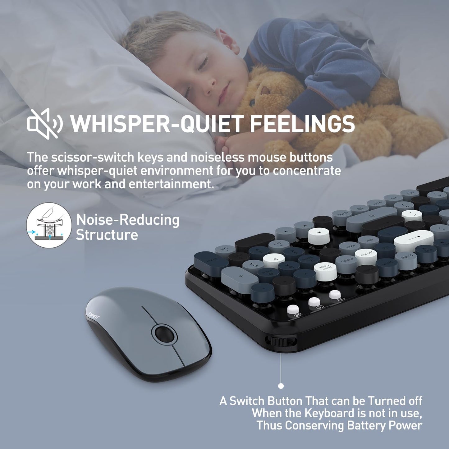 FOPETT 2.4GHz Wireless Keyboard and Mouse Set with Switch Button - Full-Size Keyboard - Compatible for Windows/Laptop/PC/Notebook/Smart TV and More - Grey Colorful