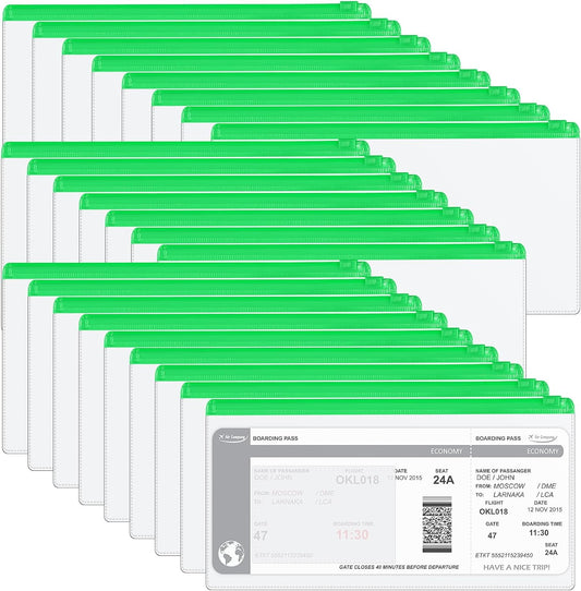 Marspark 100 Pieces Clear Pencil Case Zipper Envelope Bulk with Label Pocket Clear Plastic Envelopes with Zippered, A6 Pencil Bags for Cash, School Office Supplies, 9.2 x 4.7 Inches(Green)