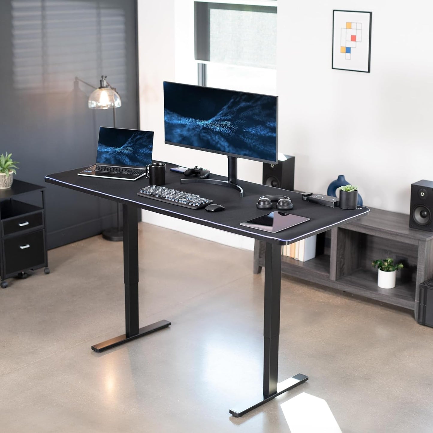 VIVO Electric 71 x 30 in Standing Desk with Full-Size RGB Mouse Pad, Memory Height Adjustment, 1B Series, Black Top Black Frame, DESK-KIT-1B7BP