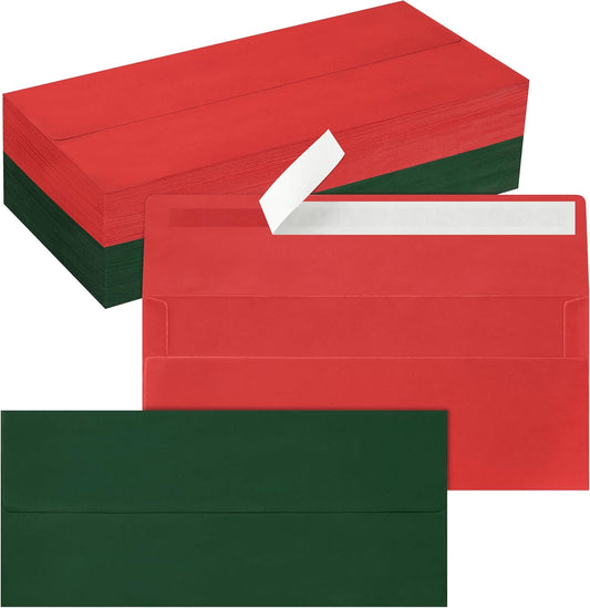 100 Pack #10 Christmas Red and Green Envelopes Letter Size, Business Envelopes Self Seal for Invoices, Letter Mailing, Office Checks, 4 1/8 x 9 1/2 Inches