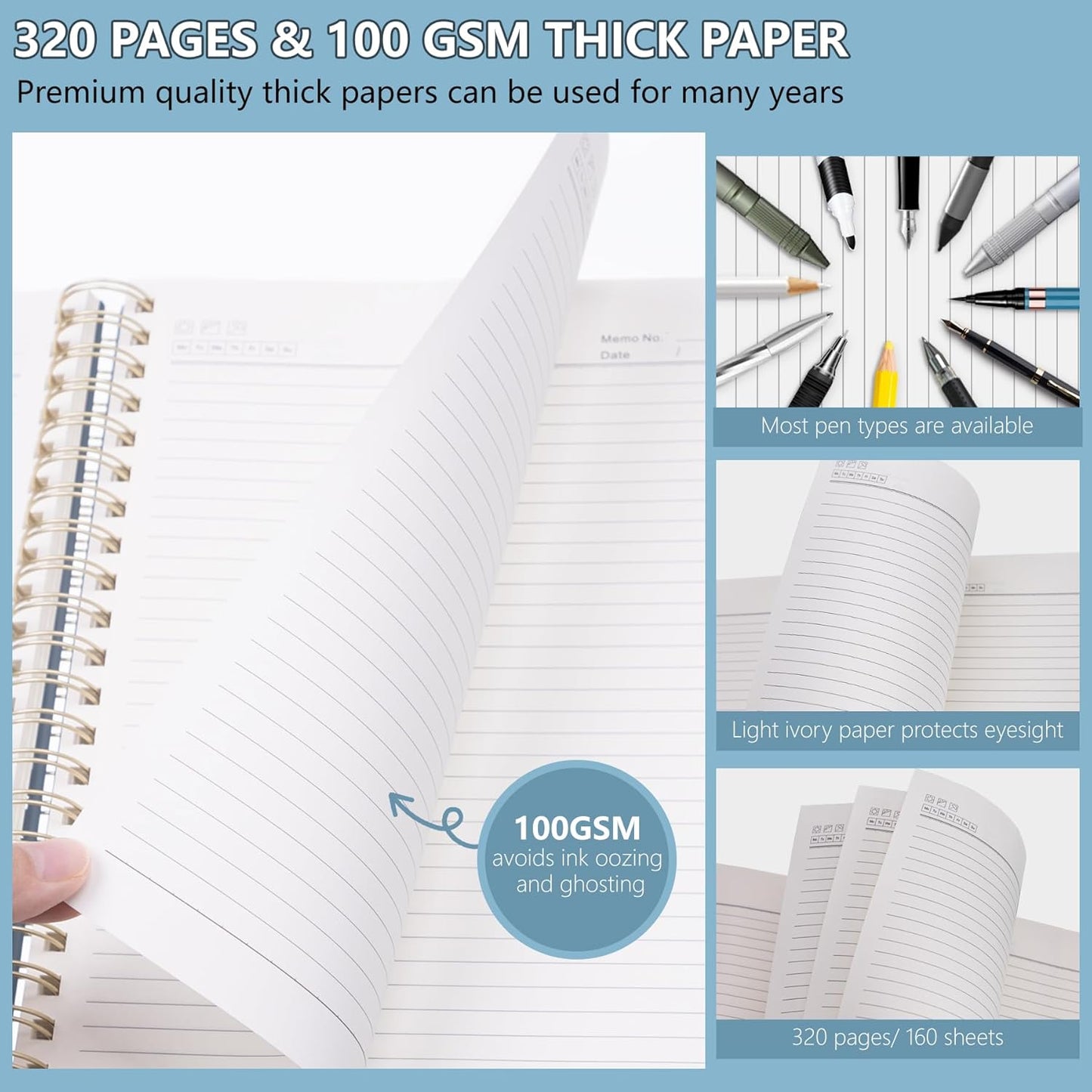 HAUTOCO Spiral Notebook Journal 8.5"x 11", College Ruled Leather Notebook with 320 Pages, 100 GSM Paper, A4 Hardcover Notebook, Lined Journaling Notebooks for Work, Office, School, Business, Airy Blue