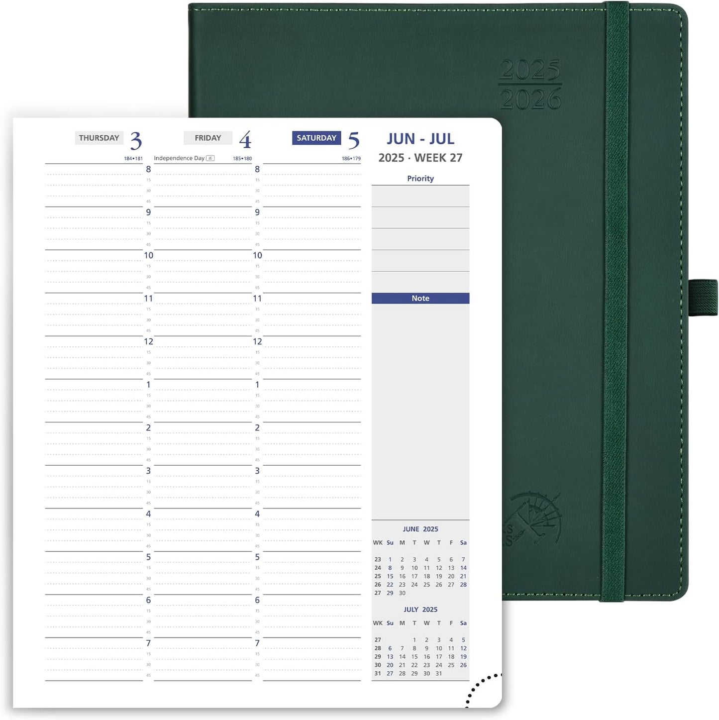 POPRUN Weekly Planner 2025-2026, 7.25'' x 8.5'', 15-Minute Hourly Appointment Book (July 2025-June 2026) with PU Leather Softcover, Monthly Tabs, Inner Pocket - Forest Green
