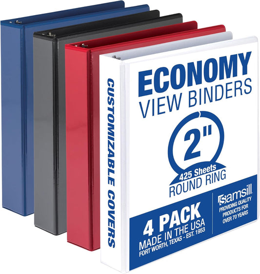 Samsill 2 Inch 3 Ring Binders, Made in USA, Economy Round Ring, Clear View Cover, 425 Sheet Capacity - for School, Home, Office - Assorted, 4 Pack