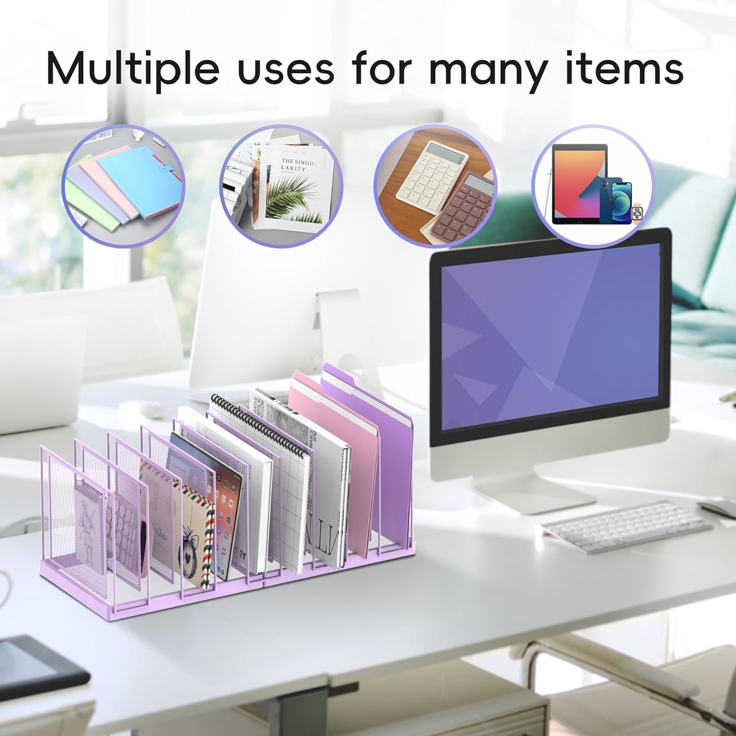 9-Section Desk File Organizer, Vertical File Holder, Mesh Desktop File Folder Metal File Organizer Stand for Office Home Classroom, Purple