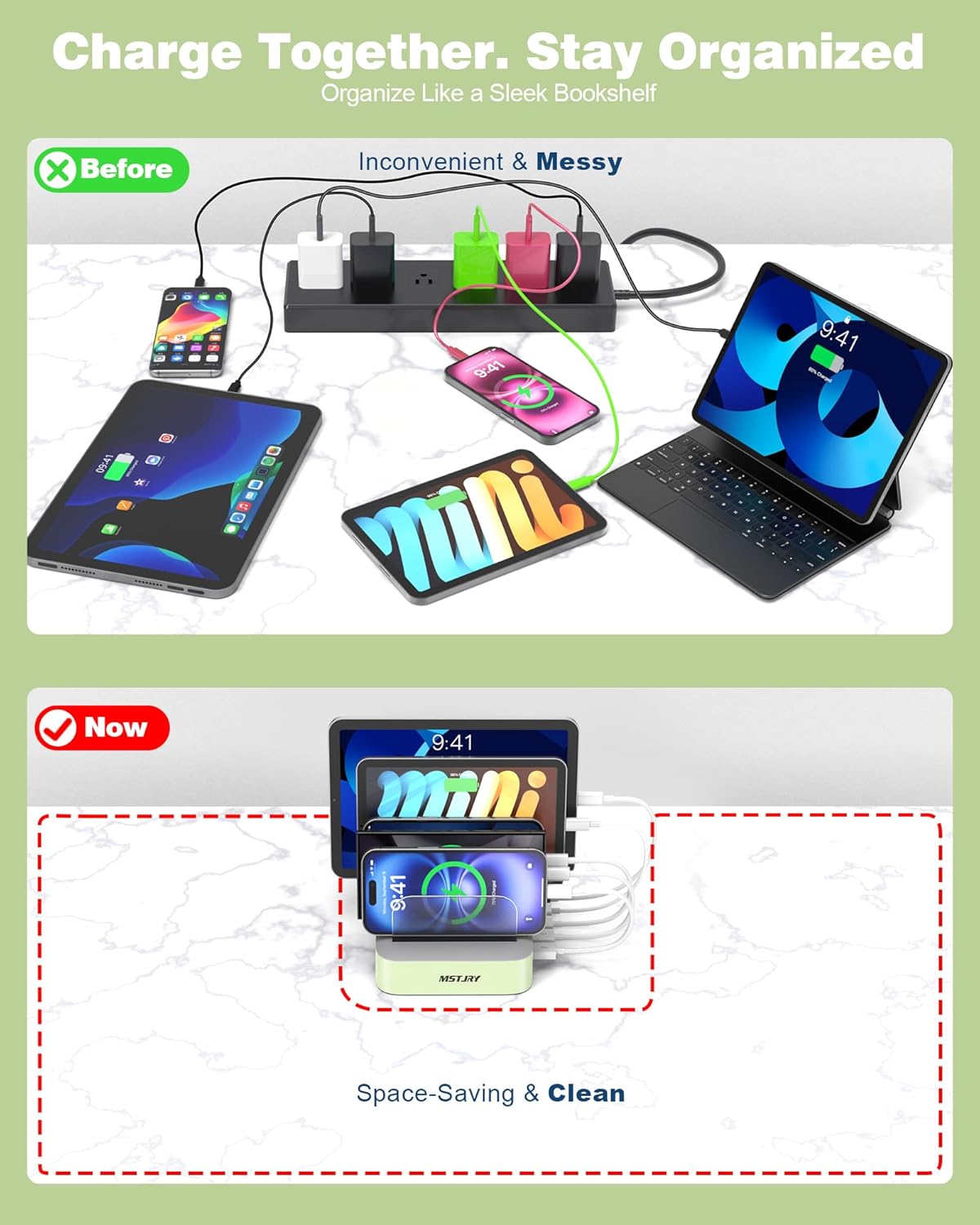 MSTJRY Charging Station for Multiple Devices : 5 Port Multi USB-A Charger Stations Multi-Device Organizer Charging Dock Designed for iPhone iPad Cell Phone Tablets (7 Short Cables Included), Cyan