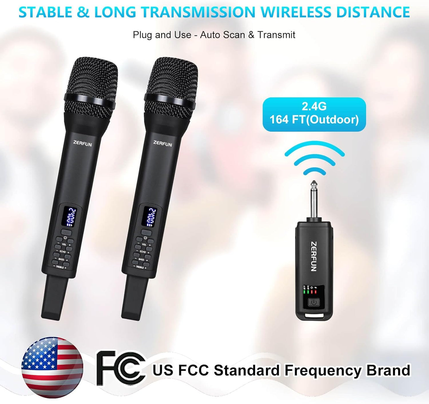 Rechargeable Wireless Microphones Dual, Pro Handheld Cordless Mics System Dynamic with Echo Treble BASS VOL Control for Karaoke Singing Church Party, 1/4'' Output, D240, Black