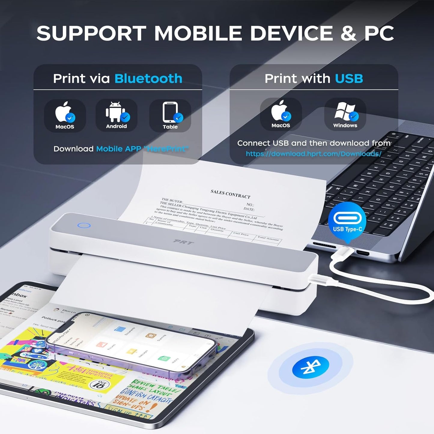 PRT Thermal Portable Printer Wireless for Travel, Inkless Bluetooth Support 8.5"x11" US Letter, A4, Compatible with iOS, Android, Laptop, Mobile Printer for Office, Vehicle, Home Use