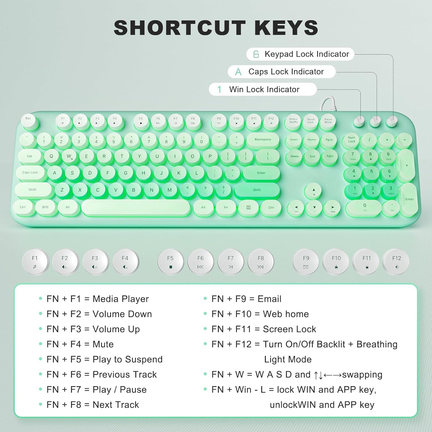 MOFII Backlit Keyboard Wired, Retro Typewriter Computer Keyboard with Numeric Keypad and Media, Cute Full Size USB Keyboard for Windows, Laptop, Desktop, PC (Green Colorful)