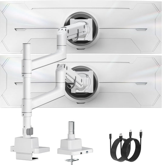 monTEK 17-57 Inch Dual Ultrawide Monitor Arm for Up to 59.4lbs Screen, Aluminum Heavy-Duty Gas Spring Vertical Stackable Curved Screen Adjustable Monitor Stand,75/100mm Vesa Mount, White