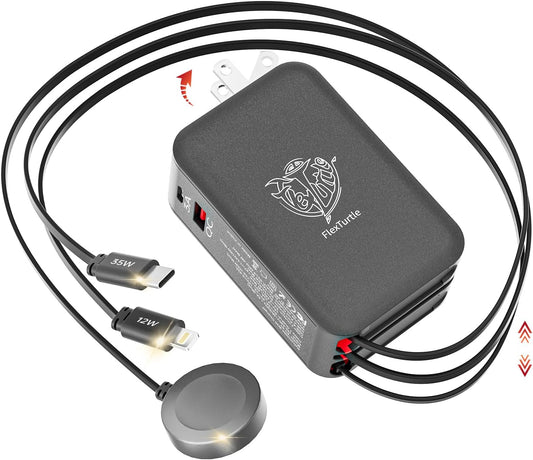 Apple Watch Charger Travel Essentials, 5 in 1 Travel Charging Station for Apple Devices, Retractable Wall Charger with 3 * 3.2ft Retractable Cables, Fast Charger Block for Apple Gear, Grey