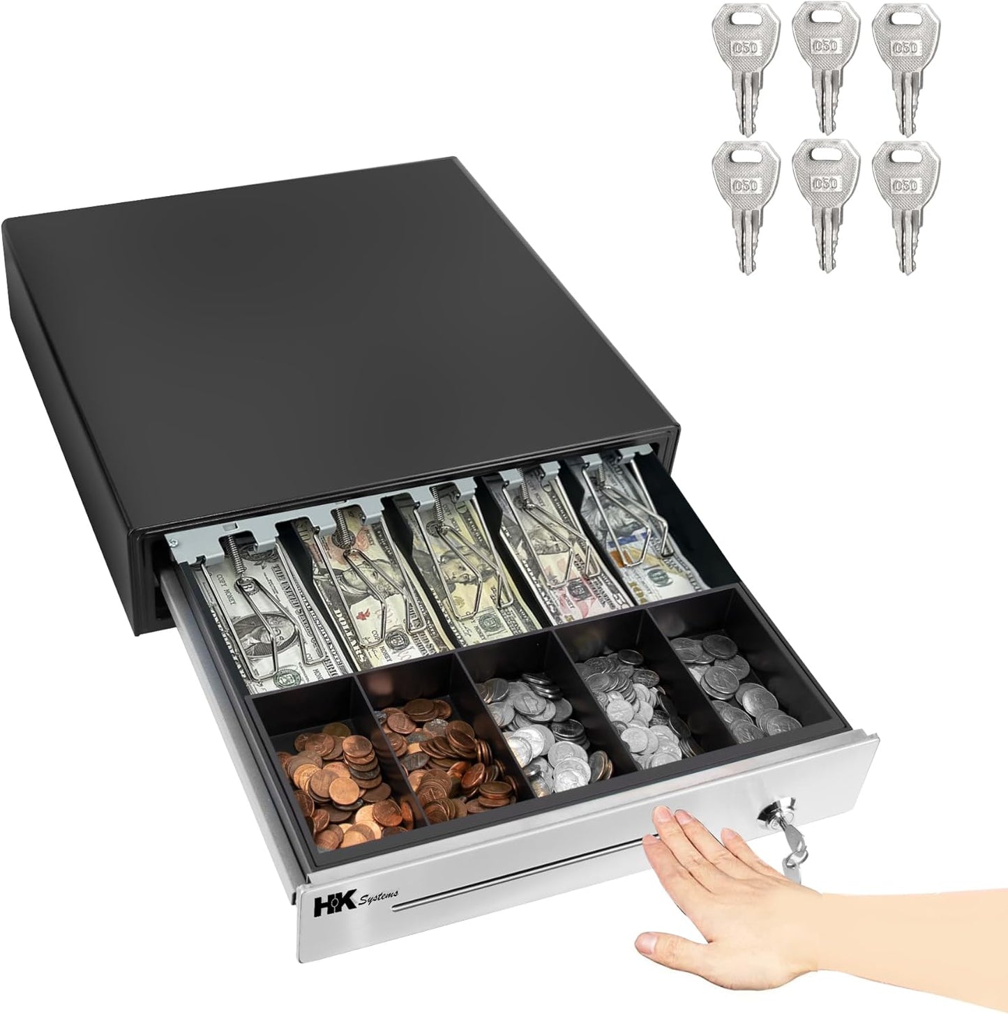 HK SYSTEMS 16inch Heavy Duty Manual Push-Open Cash Drawer with 5Bill/5Coin, Removable Till, Stainless Steel Front with Single Large Media Slot, Black