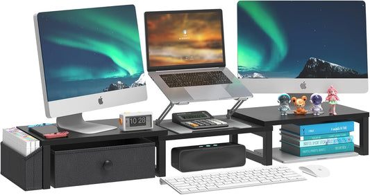 LAND·VOI Heavy Duty Dual Monitor Stand, Holds 2 Screens Up to 27 Inches, Adjustable Length and Angle Monitor Riser, Desk Organizer with Side Pockets and Drawers, Home Office Desk Storage, Black