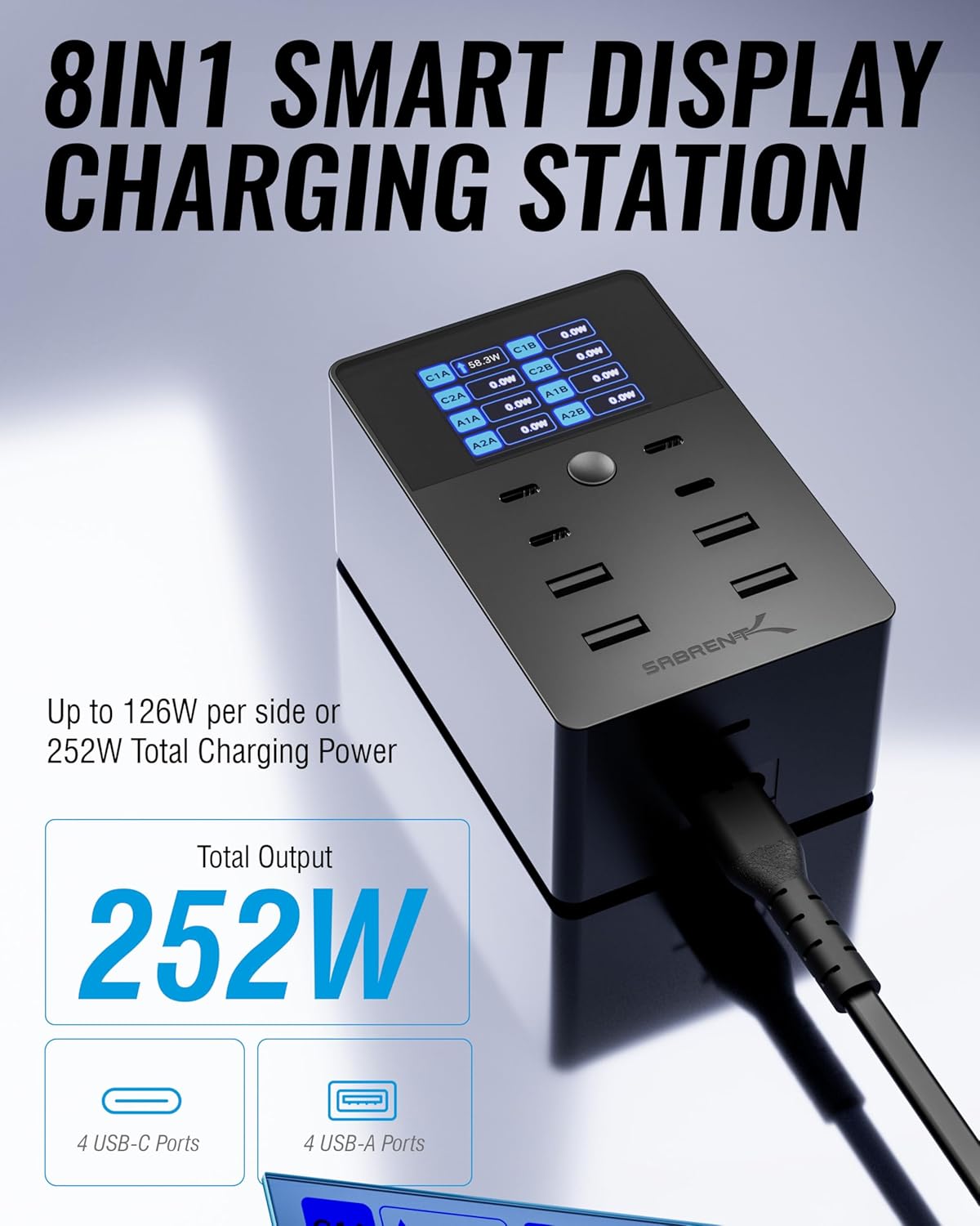 SABRENT 252W USB Charger – 8-Port Charging Station with USB-C 100W PD & USB-A Fast Charging, LCD Display, PPS, Compact Travel Design for Laptops, Phones, Tablets, Gaming Devices (AX-8PTC)
