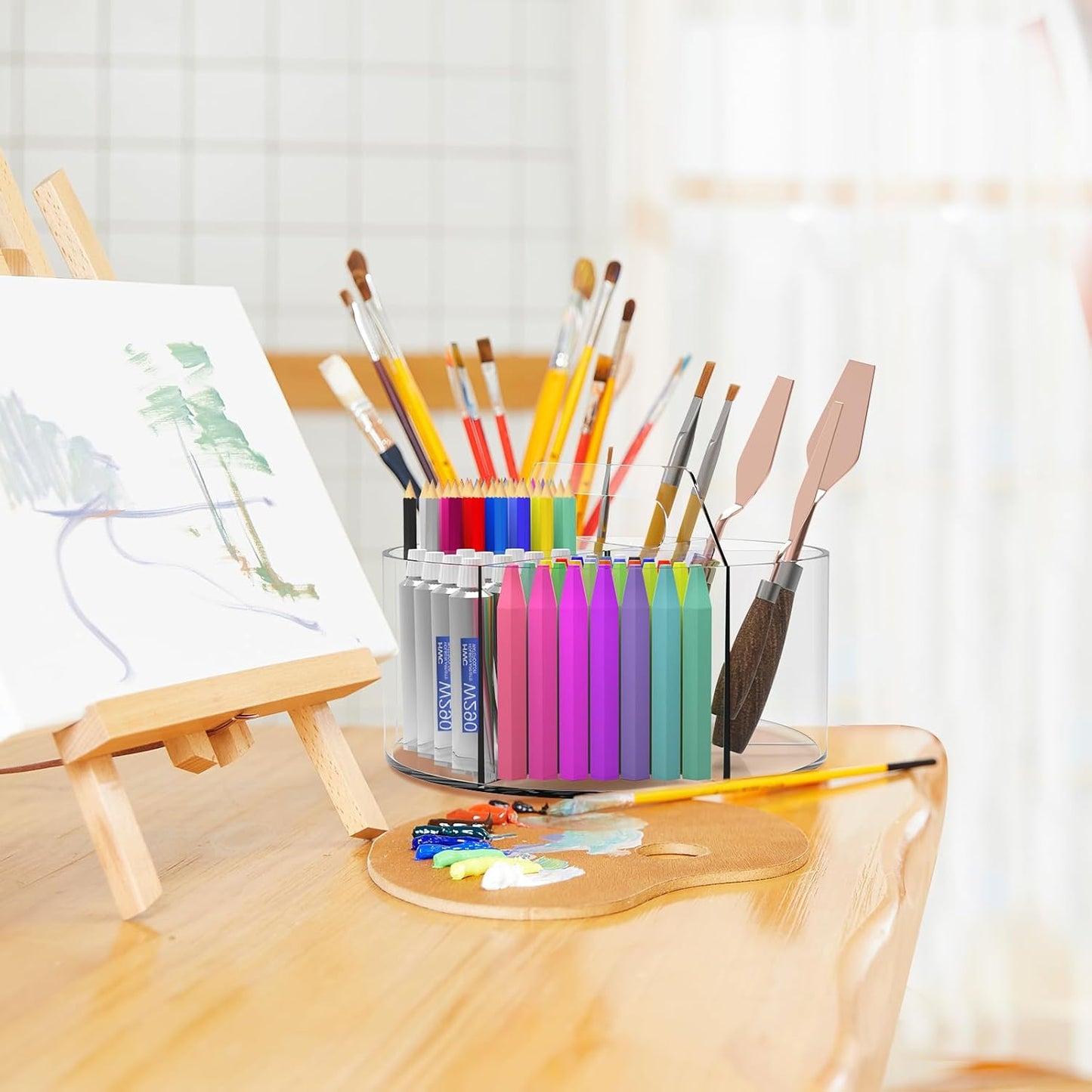 Absonic Acrylic Pen Holder Pencil Organizer, 360-Degree Rotating Pencil Holder, Crayon Organizers for Kids Marker Organizer Caddy Art Supply Kids Desk Organizers for Office Home School