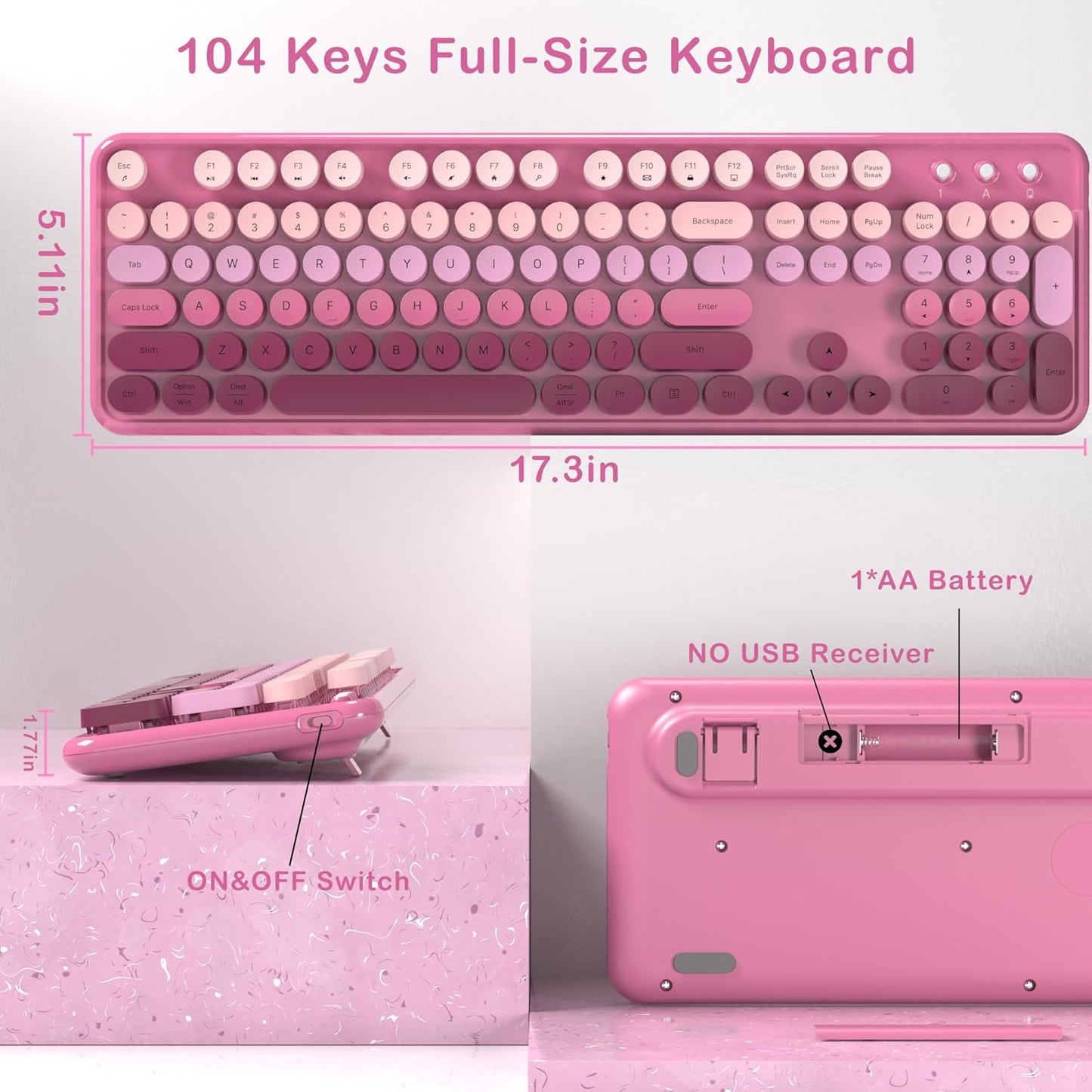 Colorful Wireless Keyboard and Mouse Combo, COVEVA 2.4GHz Wireless Retro Cute Round Keycaps Keyboard, 104 Keys Full-Sized Keyboard Mouse Set with Switch Button for PC Laptop Desktop (Pink Gradient)