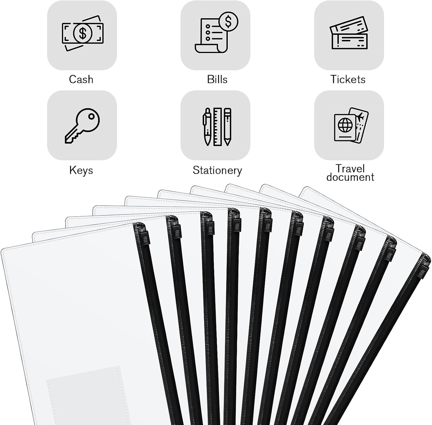 Marspark 100 Pieces Clear Pencil Case Zipper Envelope Bulk with Label Pocket Clear Plastic Envelopes with Zippered, A6 Pencil Bags for Cash, School Office Supplies, 9.2 x 4.7 Inches(Black)