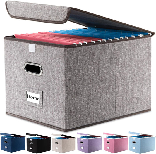 PRANDOM File Organizer Box - Set of 1 Collapsible Decorative Linen Filing Storage Hanging File Folders with Lids Office Cabinet Letter Size (15x12.2x10.75 inch)