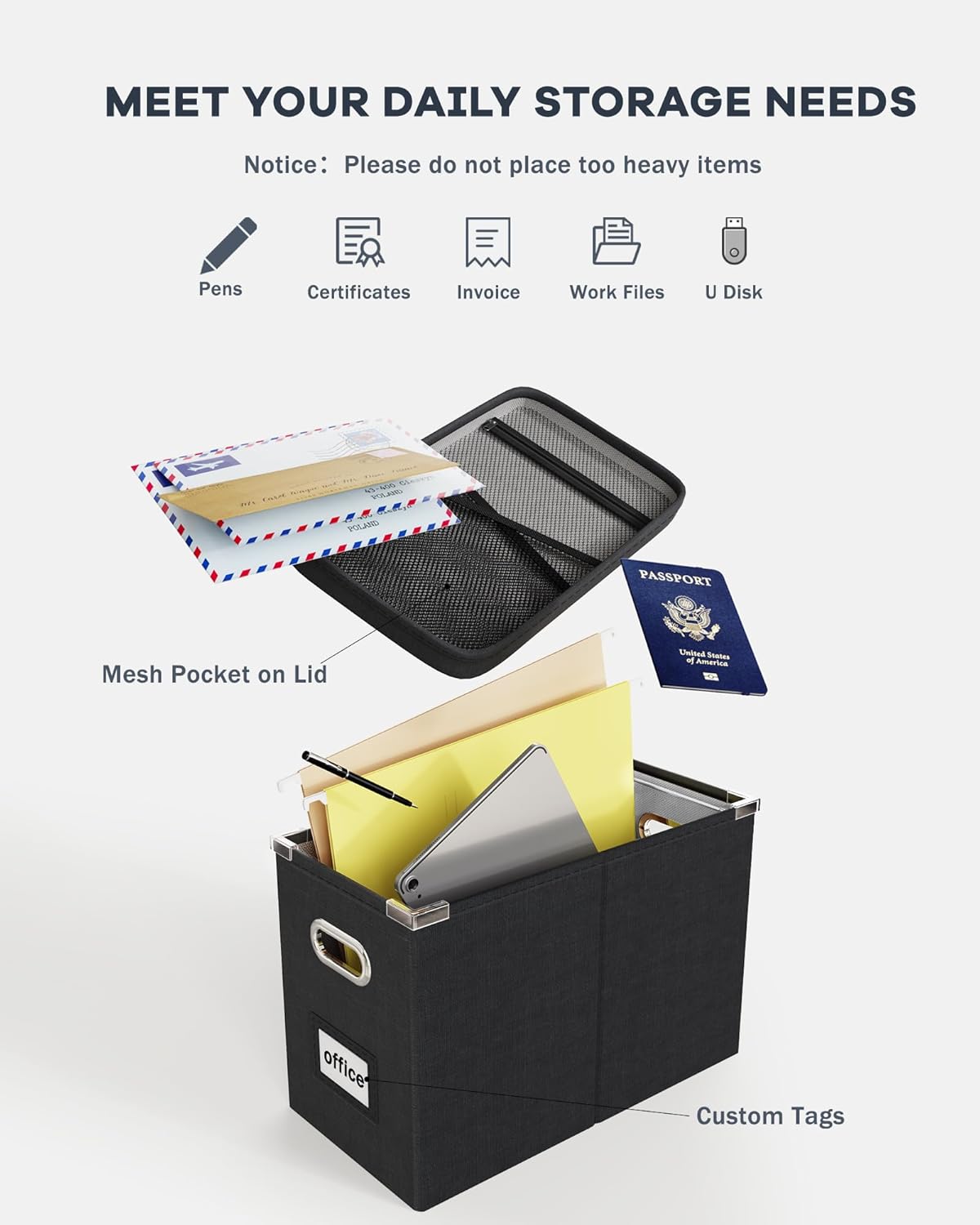 Oterri File Organizer Box with Lid, Hanging Filing File Box with Mesh Pocket, Document Organizer Box for Letter Files, Portable Storage Box with Smooth Sliding Rail for Office&Home (2 PCS, Black)