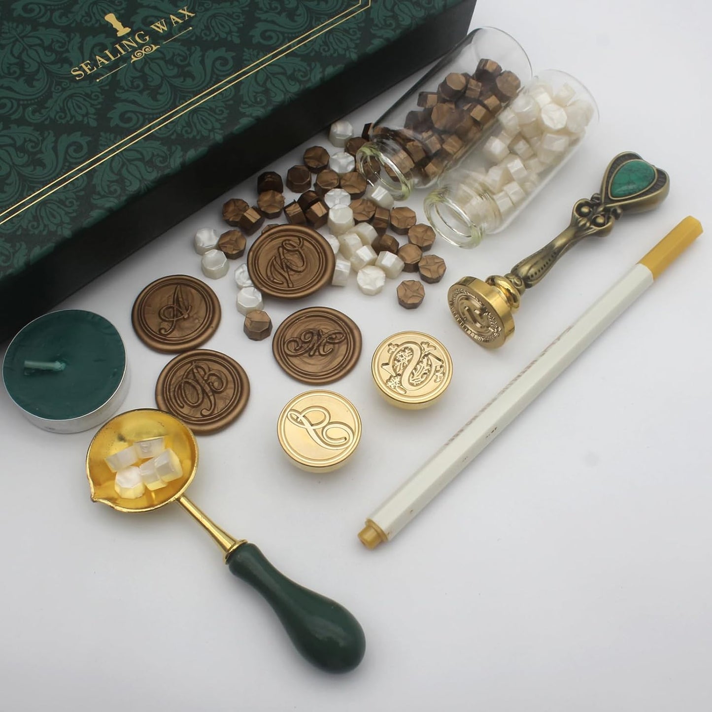 Letter Wax Seal Stamp Kit, Andotopee Wax Seal Kit Initial Alphabet S Sealing Wax Stamp Head 3pcs, Vintage Wax Stamp Seal Kit with Wax Seal Beads, Wax Seal Warmer Tools, Wax Seal Pen, Gift Box Set