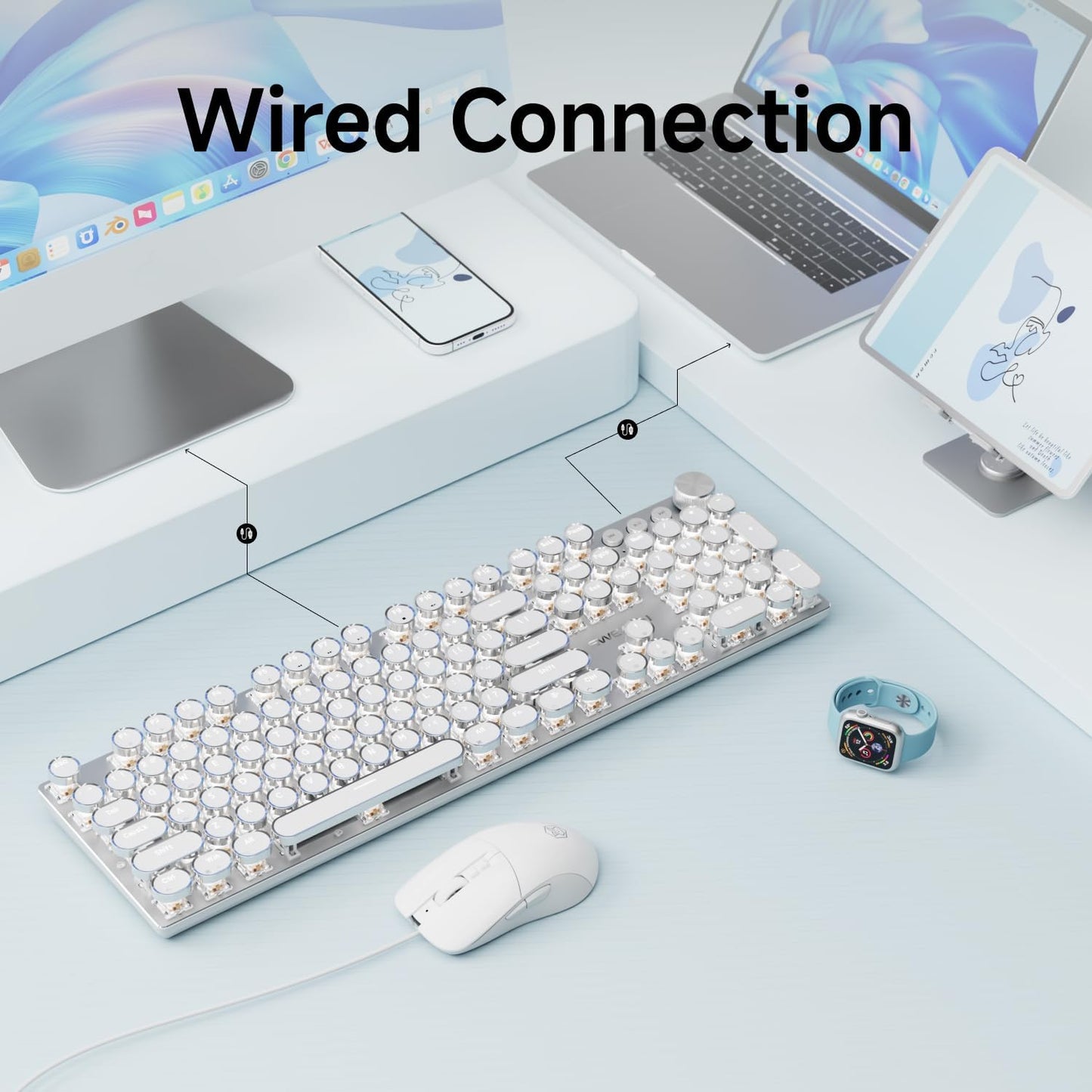 EWEADN Wired Typewriterkeyboard and Mouse Combo, Typewriter Style Mechanical Gaming Keyboard,104 Keys Backlit LED Keyboards, Media Control Knob, Wired Keyboard Pink Switch for Windows/Mac/PC-White