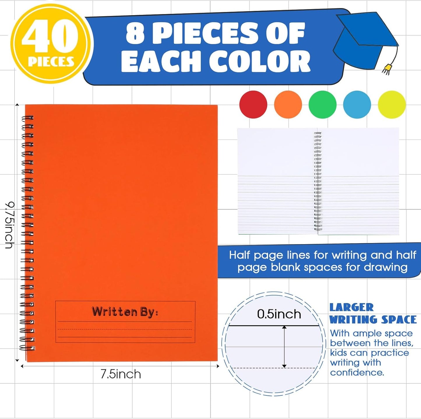 Henoyso 40 Pcs 100/50 Sheets Primary Composition Notebook K-2 Bulk Spiral Primary Journal Drawing Handwriting Practice for Kids Kindergarten 1st 2nd Back to School Supplies (Bright Color,50 Sheets)