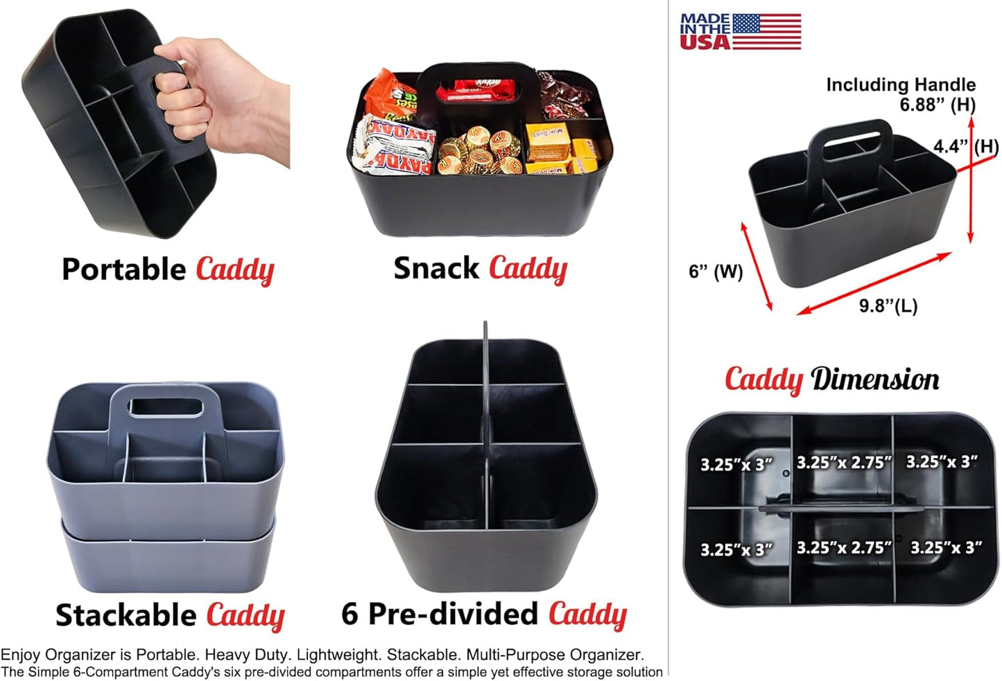 Small Stackable Plastic Caddy with Handle 6 Compartment | Desk, Makeup, Dorm Caddy, Classroom Art Organizers - 4 Pack, Made In USA (Orion Gray)