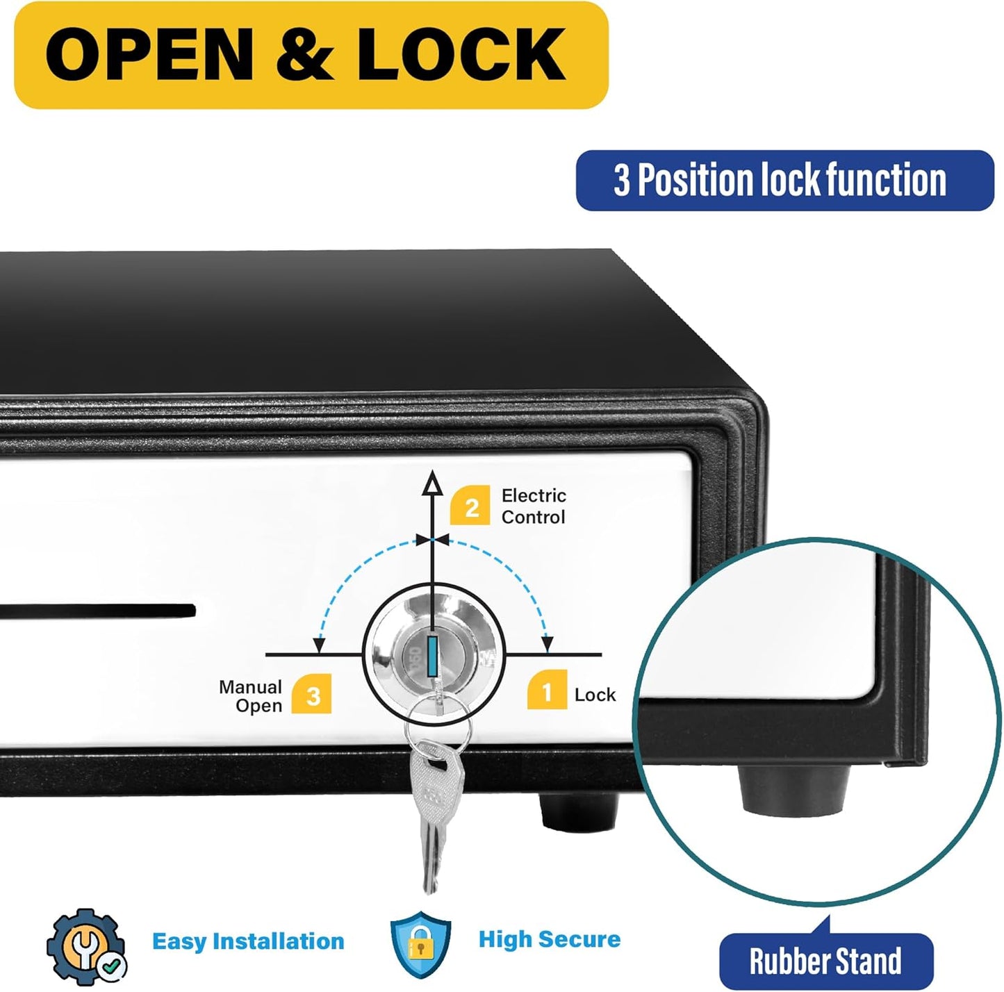 HK SYSTEMS 16""Stainless Steel" Front Heavy Duty Black POS Cash Drawer with 5Bill/5Coin with Under Counter Mounting Metal Bracket and Till Cover