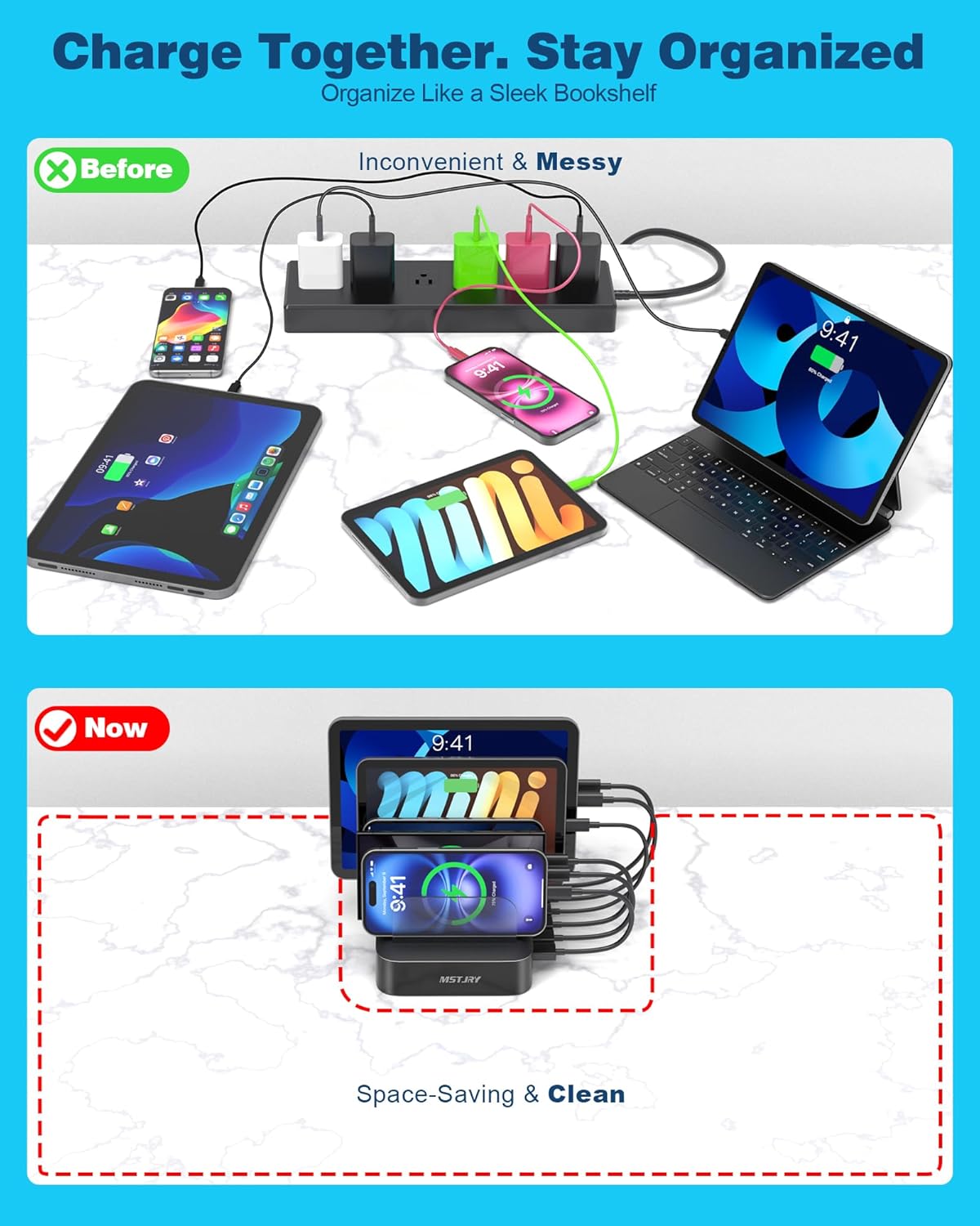 MSTJRY Charging Station for Multiple Devices : 5 Port Multi USB-A Charger Stations Multi-Device Organizer Charging Dock Designed for iPhone iPad Cell Phone Tablets (7 Short Cables Included), Gunmetal
