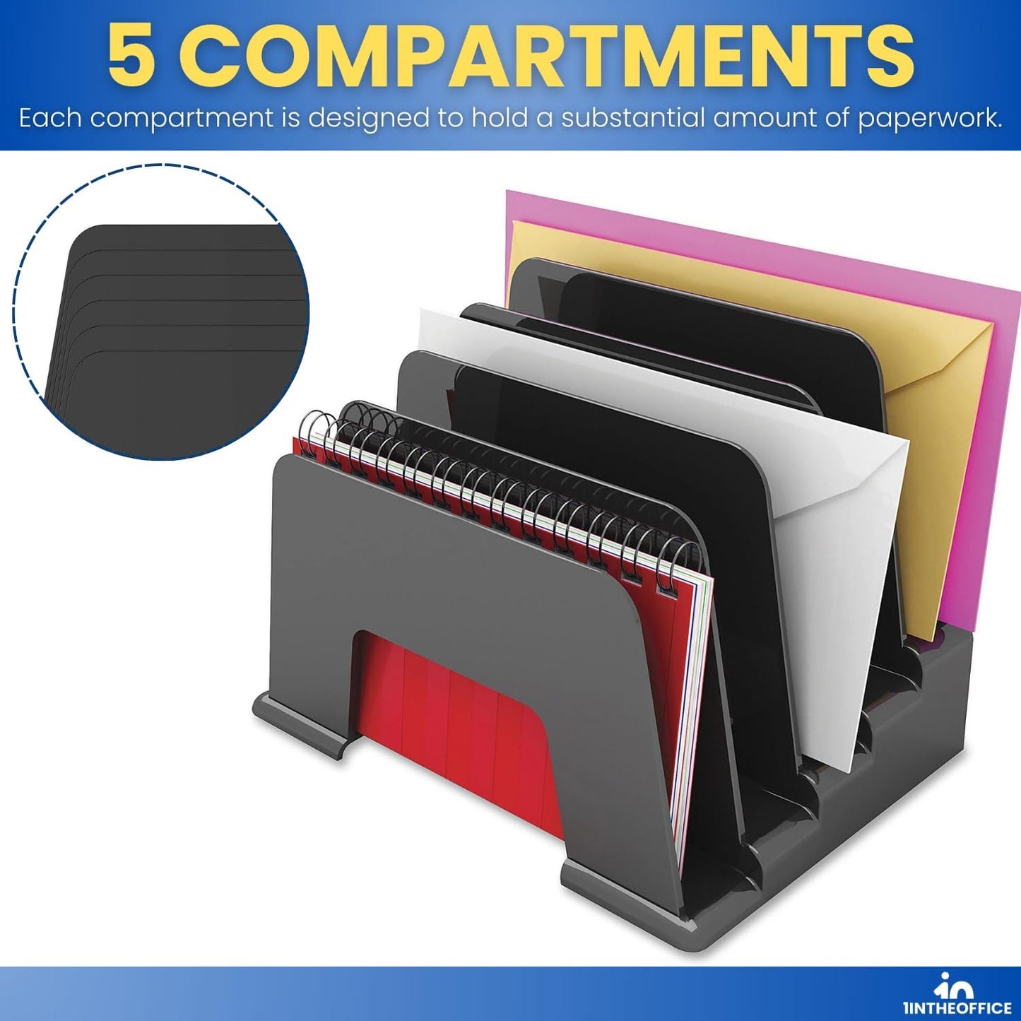 1InTheOffice Plastic Incline Desktop File Sorter, 5 Compartments, Black