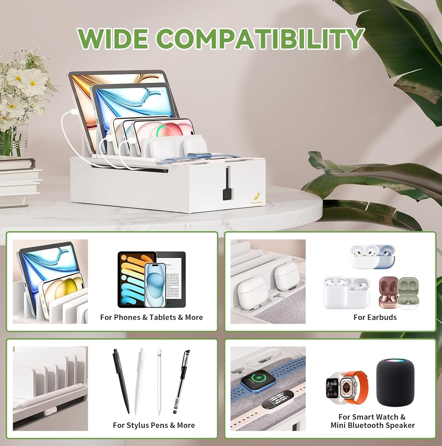 Pezin & Hulin Bamboo Charging Station, Electronic Devices Organizer for Multiple Devices Charger Such As Cell Phone, Tablet, Watch and More, White, (No USB Charger and Cables