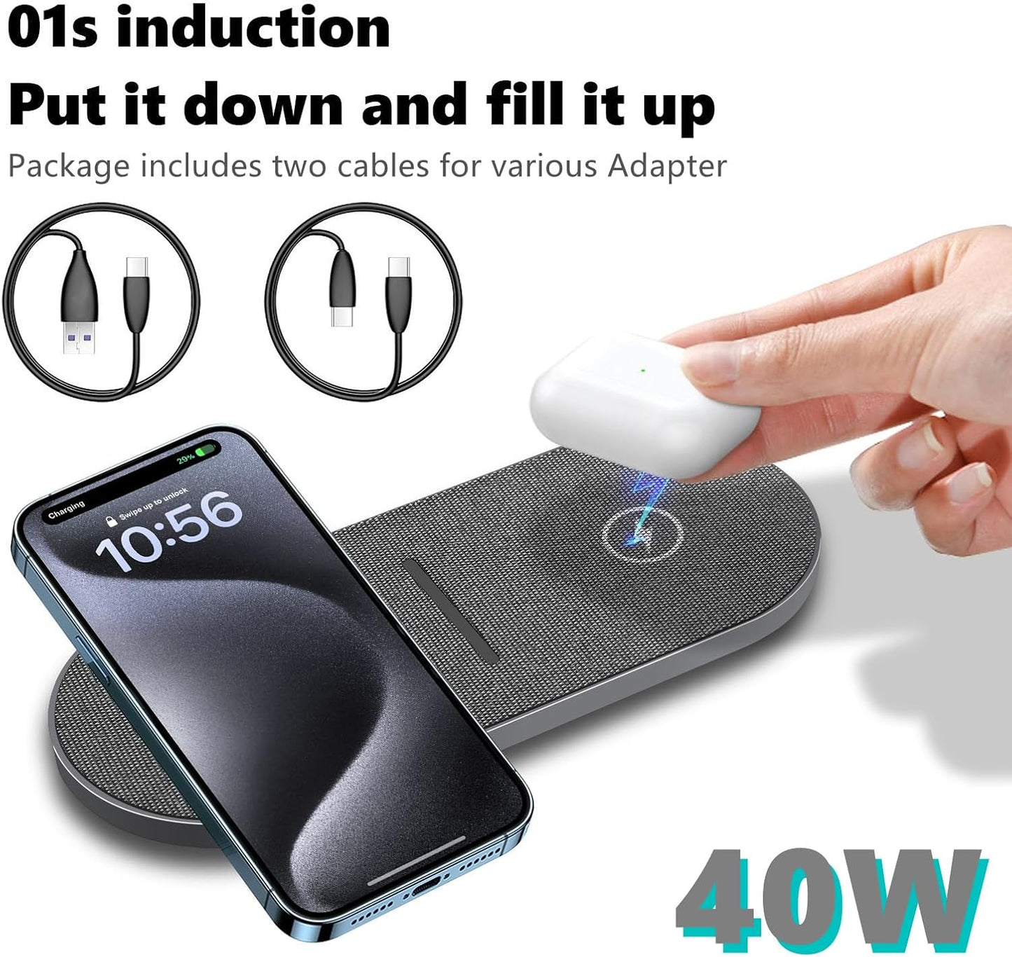 40W Wireless Charging Pad, Dual 20W Fast Wireless Charging Mat for iPhone 16 15 14 13 12 11/Pro/Pro Max/SE/X/XS,Apple Airpods 4/3/Pro,15W Wireless Charger Station for Samsung Galaxy/Note/Bud+