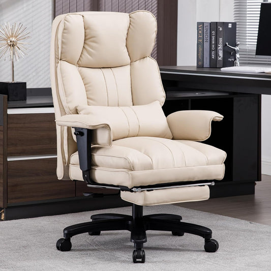 Big and Tall Office Chair 500lbs Wide Seat Executive Office Desk Chair High-Back Office Task Chair with Foot Rest, Ergonomic Lumbar Support Computer Office Chairs for Heavy People(Beige)