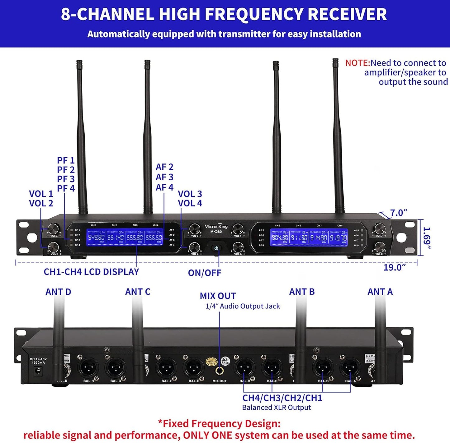 MicrocKing Wireless Microphone System, 8-Channels UHF Cordless Dynamic Handheld Mics, Long Range 400ft, Auto Connect, Ideal for Karaoke Party Wedding Speech and Outdoor Events
