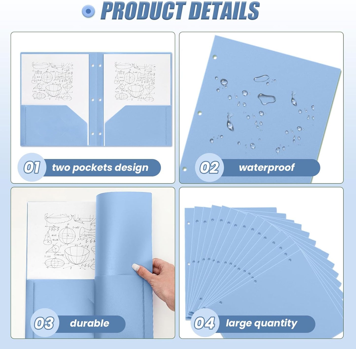 Yeaqee 100 Pcs Plastic Folders with Pockets Bulk 3 Hole Punched 2 Pocket File Folders for 3 Ring Binder Divider Folder for Notebooks, Durable Poly for Office Home (Haze Blue)