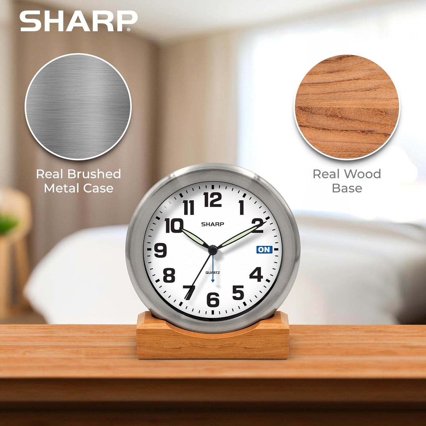 Sharp Silent Sweep Quartz Analog Alarm Clock with Alarm Status Indicator on Dial, Brushed Metal Clock with Genuine Wood Stand