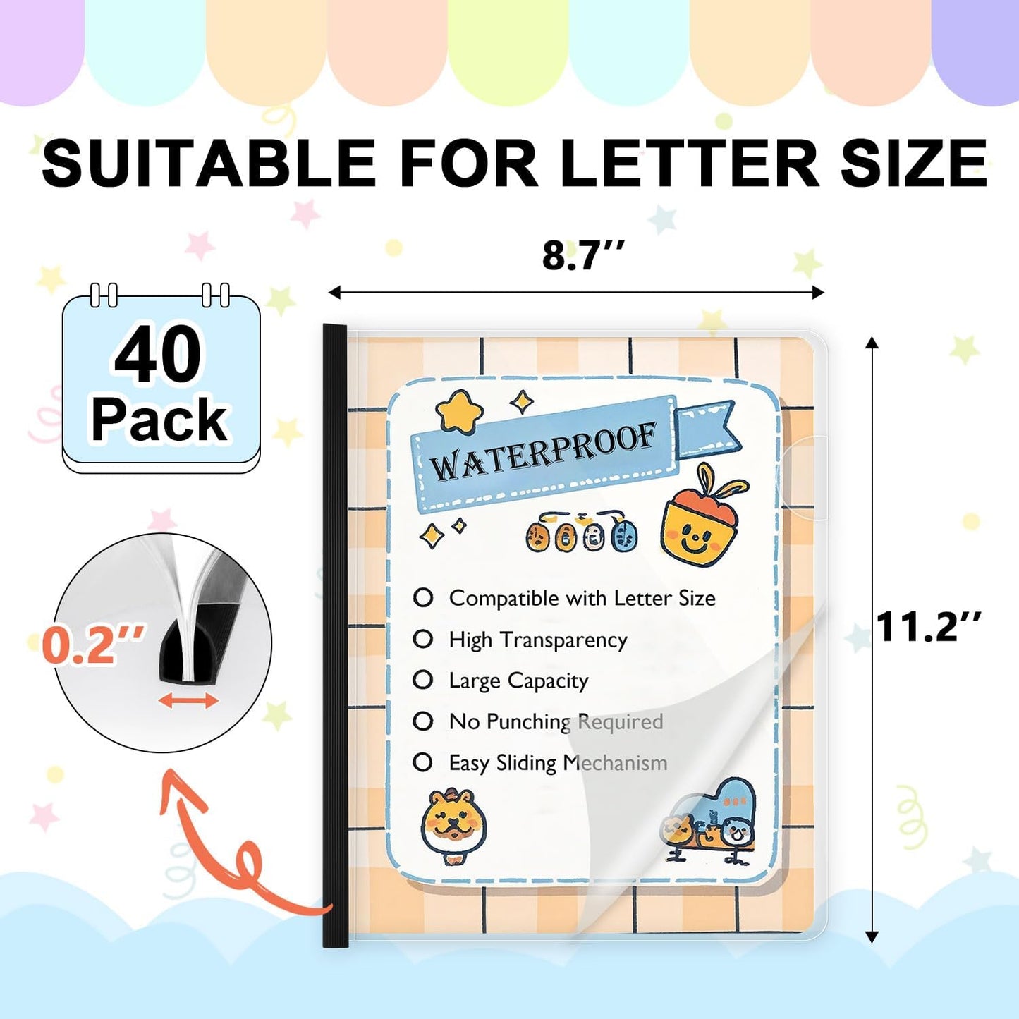 TOTiyea 40 Pack Clear Report Covers with Sliding Bars, 5mm (40 Sheet Capacity) Black Sliding Bar File Folders, for Letter Size