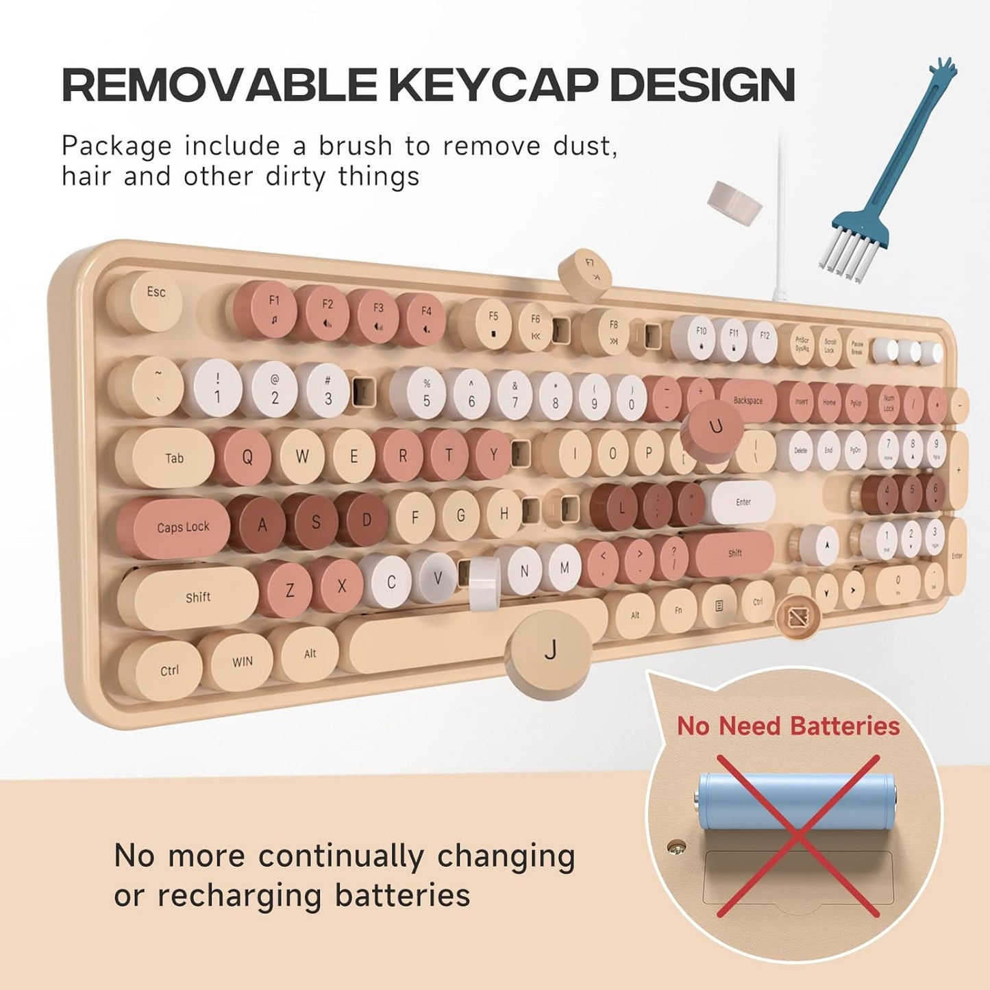 Wired Keyboard, 104 Keys Full-Sized Typewriter Keyboards, USB Plug and Play Office Keyboard with Number Pad, Caps Indicators, Foldable Stands for Windows, PC, Laptop, Desktop (Milk-Tea)