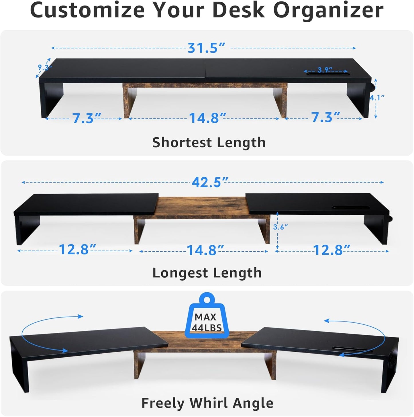 Dual Monitor Stand Riser for 2 Monitors, Monitor Stand for Desk, Adjustable Length Swivel Angle Wooden Desktop Organizer Stand Riser with Smartphone Holder for PC Monitor, Rustic Brown