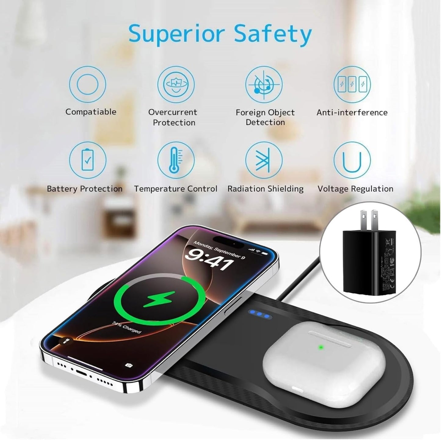 40W Wireless Charging Pad, Dual 20W Fast Wireless Charging Mat for iPhone 16 15 14 13 12 11/SE/X/XS,Apple Airpods 4/3/Pro,15W Wireless Charger Station for Samsung Galaxy S25/Buds (Black with dapter)